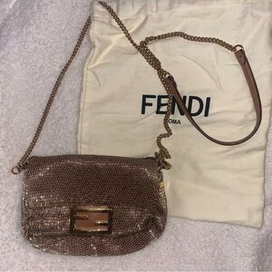 Fendi Mini Baguette / Authentic / Gold Sequins with Leather Details / Crossbody